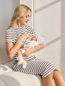 SHEIN 女士舒适休闲短袖哺乳连衣裙 - 黑與白 - 查看 7