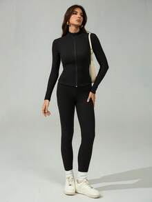 SHEIN Tall 2pcs Women New Knit Thermal Lined Fitted Mockneck Zip-Up Jacket And Base Layer Pants Set - Black - View 5