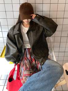 DAZY Women's Casual Street Style Solid Color Long Sleeve Motorcycle Jacket, Versatile For Spring And Autumn