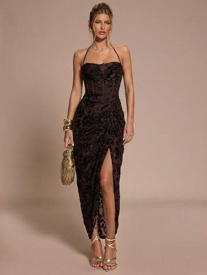 SHEIN BAE Autumn/Winter Women's Wine Red Jacquard Halter Neck Bustier Split Dress, Black Mini Dress, Party Formal Gown, Suitable For Party, Formal Occasions, Cocktail Events, Holidays, Halloween, Christmas Black Lace Dresses