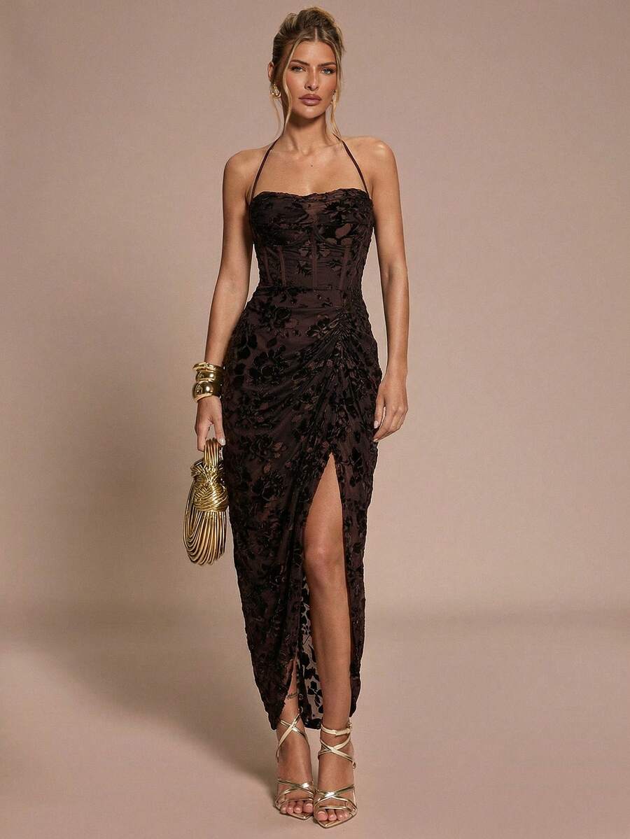 SHEIN BAE 秋冬女式酒红色提花露背抹胸开衩连衣裙，黑色迷你裙，派对正式礼服，适合派对、正式场合、鸡尾酒会、节日、万圣节、圣诞节等场合。 - 咖啡棕 - 查看 1