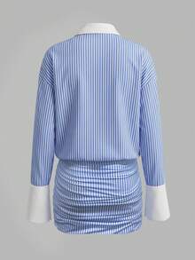 Cévolie Đầm ngắn tay dài in họa tiết sọc dành cho nữ năm 2026. - Màu xanh lam - Xem 2