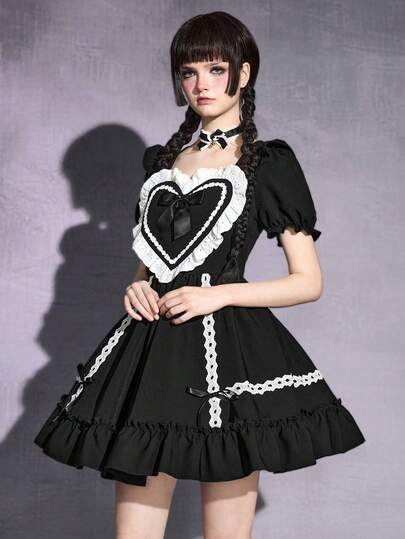 Goth Abito Lolita da donna con balze a forma di cuore e orlo a ruffle, stile gotico