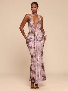 SHEIN x Eduarda Gutierrez SHEIN BAE Spring/Summer Leopard Print Floral Print Deep V Halter Neck Elegant Women's Dress,Summer Dress ,Spring Break Outfits,Beach Dress,Elegant Dresses,Vacation Dress, Leopard Print - Multicolor - View 1