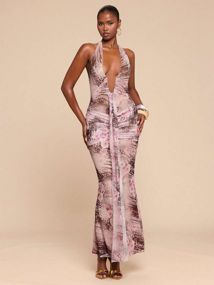 SHEIN x Eduarda Gutierrez SHEIN BAE Spring/Summer Leopard Print Floral Print Deep V Halter Neck Elegant Women's Dress,Summer Dress ,Spring Break Outfits,Beach Dress,Elegant Dresses,Vacation Dress, Leopard Print - Multicolor - View 1