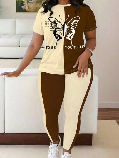 Maweii 2 件套大码女式复古拼色蝴蝶和字母印花紧身短袖 T 恤和裤子