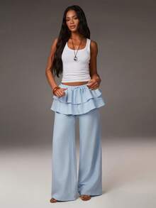 Athîral 女士休闲浅蓝色蛋糕裙，二合一设计，搭配阔腿裤，弹性腰带，宽松版型，舒适柔软的梭织缎面面料，适合夏季、春季、海滩、休闲度假等各种场合。 - 淺藍色 - 查看 2