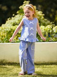 Blossori Set de 2 piezas de top con chaleco y pantalones a cuadros con decoración de moño floral vintage para niñas pequeñas, adecuado para primavera/verano y vacaciones al aire libre - Azul - Ver 3
