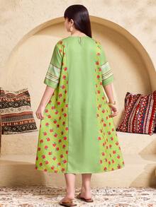 SHEIN Tween Girl Green Floral Print Retro Embroidery A-Line Maxi Vacation Dress,Autumn Boho Holiday Robe,Suitable For Festivals & Special Occasions,Jalabiya - Green - View 8