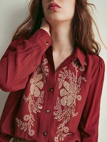 Écloséra 女士休闲通勤法式刺绣长袖棕色衬衫，秋冬款