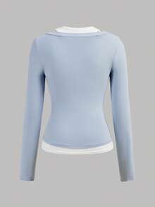 SHEIN Girlism 少女撞色拼接二合一设计T恤，修身休闲款 - 藍色 - 查看 2