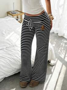 CovetEZ Women's Clothing 2026 New Style Home Casual Black And White Striped Cute Bear Pattern Plush Embroidery Low Waist Wide Leg Striped Long Pants Women's Casual Pants - Black and White - View 1