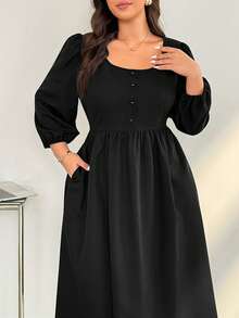 SHEIN Essnce Plus-Size Women's Spring And Autumn Fashion Casual Loose Comfortable Daily V-Neck Textured Fabric Waist Black Long Sleeve Mid-Length Dress With Pockets, Fall Outfits, Church Clothes For Women / Square/ Valentine's Day /Valentine Outfits For Women/Three-Quarter Sleeves, Square Neck, Fitted Waist, A-Line Skirt, Preppy Back-To-School Style Dress/Black A-Line Skirt/Office Commuting