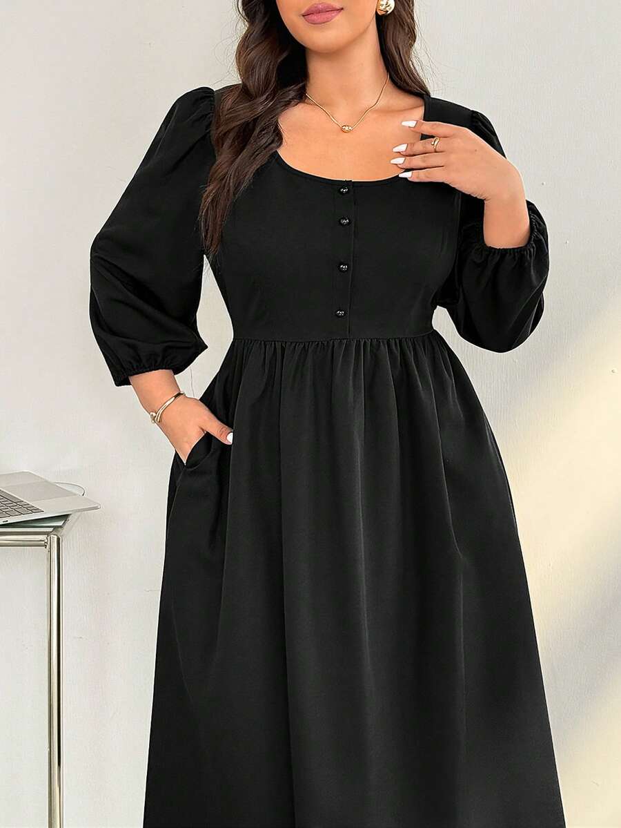 SHEIN Essnce Plus-Size Women's Spring And Autumn Fashion Casual Loose Comfortable Daily V-Neck Textured Fabric Waist Black Long Sleeve Mid-Length Dress With Pockets, Fall Outfits, Church Clothes For Women / Square/ Valentine's Day /Valentine Outfits For Women/Three-Quarter Sleeves, Square Neck, Fitted Waist, A-Line Skirt, Preppy Back-To-School Style Dress/Black A-Line Skirt/Office Commuting - Black - View 1