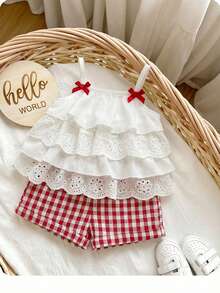 Babygirl Summer Cute Vacation Ruffle Camisole Top And Plaid Shorts Set