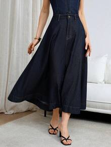 Siren Gaze Women's Dark Blue Denim Midi Skirt, Elegant High-Waisted A-Line Skirt Spring Casual - Dark Wash - View 2