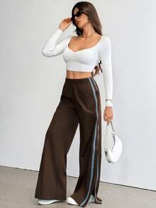 SHEIN Tall 女士弹力腰侧条纹阔腿宽松休闲裤棕色裤子女士阔腿裤按扣裤运动裤棕色运动裤 - 棕色 - 查看 7