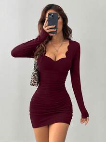 INAWLY Women's Elegant Sexy Ruffle Collar Long Sleeve Mini Dress, Autumn/Winter - Red - View 4