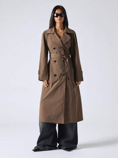 SHEIN EZwear 女士时尚双排扣系带长款风衣，秋季