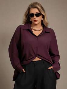 Auralis 大码女装秋冬新款 Ancla 酒红色休闲通勤百搭长袖衬衫/优雅通勤百搭衬衫，可单穿或叠穿/优雅魅惑风办公室长袖可调节袖衬衫/紫红色上衣/圣诞节上衣/情人节/派对/公司年会红色上衣 - 酒紅色 - 查看 5