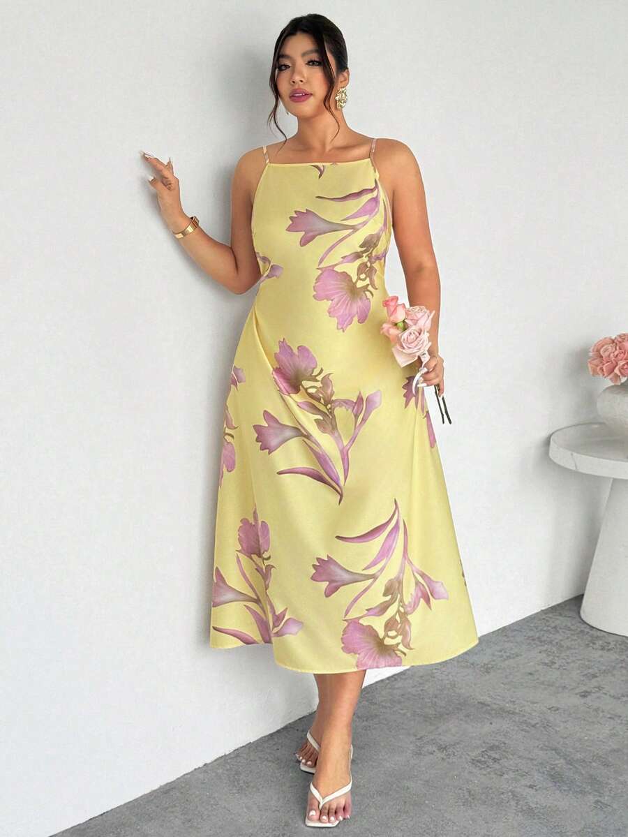 Firerie Plus Size Elegant Floral Print Camisole Dress, Suitable For Commuting Floral Dress Women Elegant Women Sundress Summer Elegant Dress Orchid Dress Women Sun Dresses Spring/Summer Casual Vacation Dress For Women Spring/Summer Elegant Dress For Women, Spring Clothing Wedding Dress For Women - Yellow - View 1