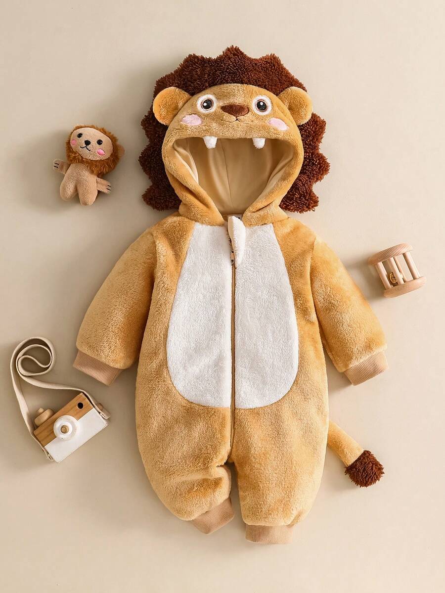 SHEIN 新生儿可爱毛绒狮子造型套装，刺绣狮子帽，长袖连体裤，婴儿服装套装 - 棕色 - 查看 1