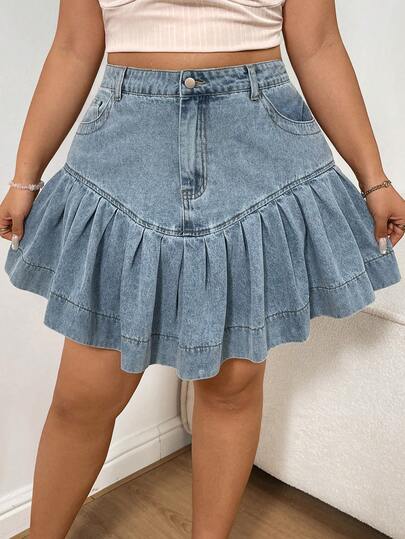 Sunnyshic Plus Size Women Navy Blue Denim Ruffle Hem Mini Skirt