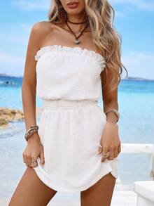 Swim Vcay Women's Summer Beach Solid Color Frill Waist Textured Vacation Dress,Elegant Dresses, Easter Dresses, Casual Dresses, Vacation Dresses, Country-Style Dresses, Holiday Dresses, White Dresses, Summer Beachwear, Wedding Outfits, Music Festival Outfits, Street Style, Summeroutfit - White - View 5