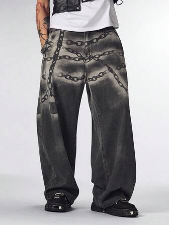 Street Life Pantalones vaqueros rectos y sueltos de cintura alta con presillas para cinturón y estampado digital curvo para hombres