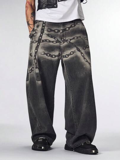 Street Life Herren Jeans mit hoher Taille, Gürtelschlaufen, gerade, locker geschnitten, digitaldruck, gebogene Schnittführung