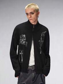 ROMWE MEN Goth Cardigan de punto con cuello de tripulación, cierre de cremallera, gráfico de cruz oscura y calavera, para hombre - Negro - Ver 4