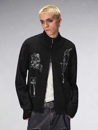Goth Men's Dark Cross & Skull Graphic Zip-Up Casual Crew Neck Knit Cardigan