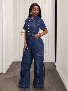 Slaydiva Bộ áo liền quần denim nữ tay ngắn, kiểu dáng thường ngày, màu xanh denim, áo liền quần denim kiểu cargo, áo liền quần denim tay ngắn cho nữ. - Màu xanh lam - Xem 3
