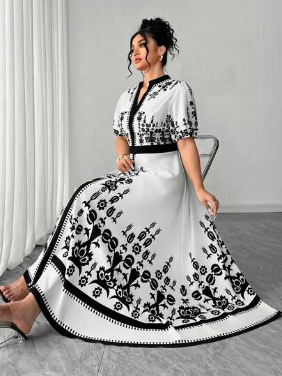 Elenzga 大码女式复古印花翻领V领系腰泡泡袖迷你连衣裙，印花修身优雅长款连衣裙，适合日常外出、咖啡馆聚会、公园散步和度假。