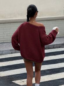 Muchica Casual Loose Solid Color Raglan Sleeve Sweater, Autumn/Winter,Off The Shoulder Sweater - Burgundy - View 2