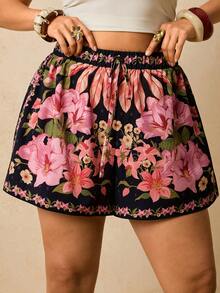Travachic Plus Size Floral Print Drawstring Waist Tied Knot Summer Casual Vacation Shorts, Comfy Shorts, Flowy Shorts, Summer Outfits, Summer, Summer Outfits For Women, Beachwear, Beach Outfits For Woman, N, Tropical Floral Shorts, Casual Woman Style, Fall Outfits For Women, Chic Autumn, Going Out Outfit, Elegant Outfits, Concert Outfit Women, BOHO Floral Print Shorts - Black - View 5