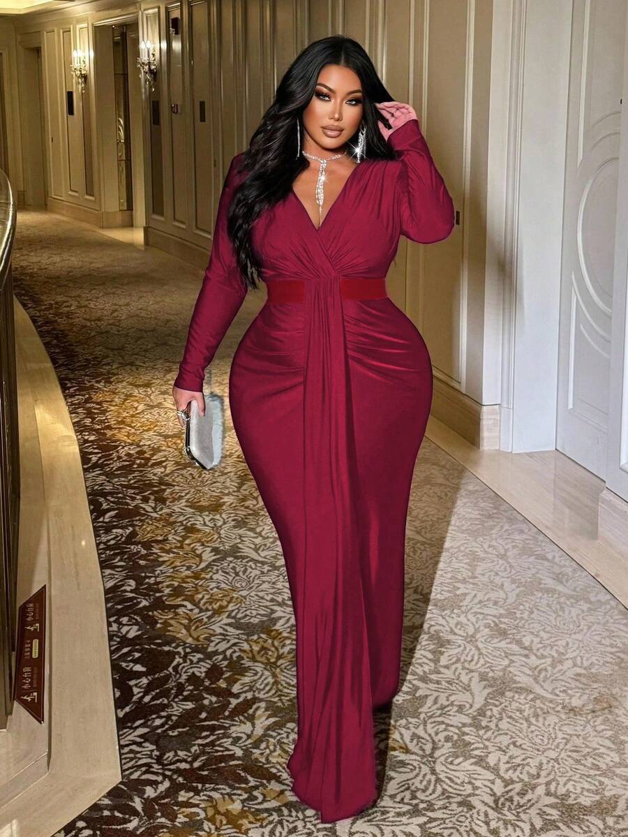 NU&NOW 大码女士复古优雅深V领长袖修身连衣裙 - 紅色 - 查看 1