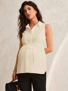 MaterniWear Maternity Casual Solid Color Front Button Lapel Tank Top, Summer - Apricot - View 3
