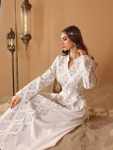 Al Najma 2025新款中东长袍，亮片压花刺绣腰部正式礼服，奢华沙特阿拉伯长袍 - 白色 - 查看 1