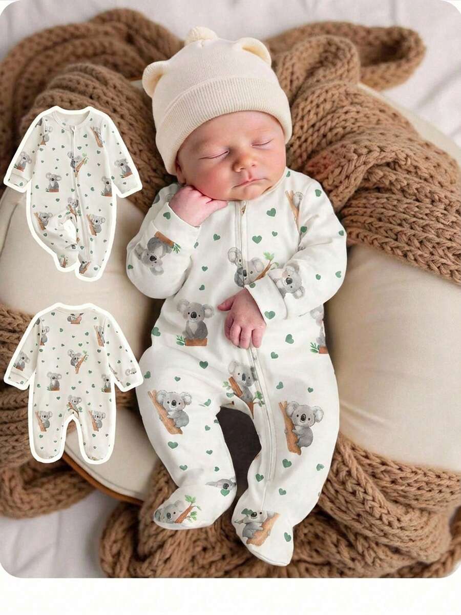 Newborn Baby Girl Casual Cute Cartoon Pattern Knit Long Sleeve Pajamas - Beige - View 1