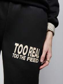 SURIMA 2pcs Women Black Casual Minimalist Hoodie Sweatshirt And Sweatpants Set, Streetwear