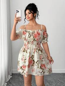 Elenzga 新款大码露肩吊带连衣裙，收腰设计，印花图案，时尚度假风短裙，适合海滩度假、海滩旅行、通勤、工作、情人节、音乐节、母亲节、国庆节、新年、约会派对等场合。 - 彩色 - 查看 5