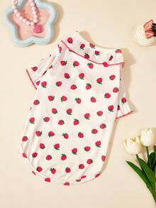 1件宠物猫狗白色甜美可爱草莓印花图案弹力针织舒适花苞袖圆领T恤 - 白色 - 查看 6