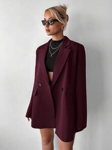 SHEIN PETITE 女款休閒寬鬆加厚肩墊中長版雙排扣西裝外套，適合嬌小女性 - 酒紅色 - 查看 5