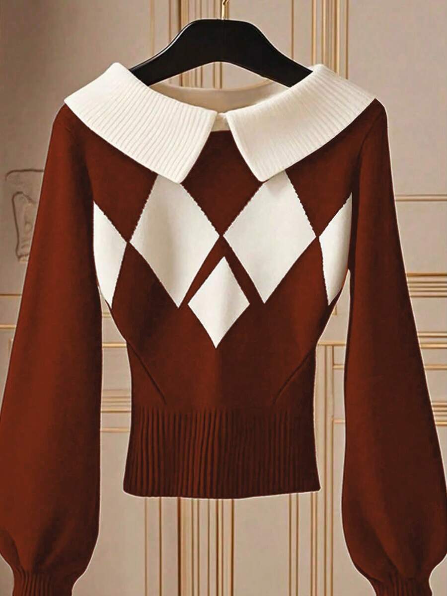 SHEIN Franclia Blogger-Inspired Colorblock Diamond Pattern Turtleneck Lantern Sleeve Sweater - Multicolor - View 1