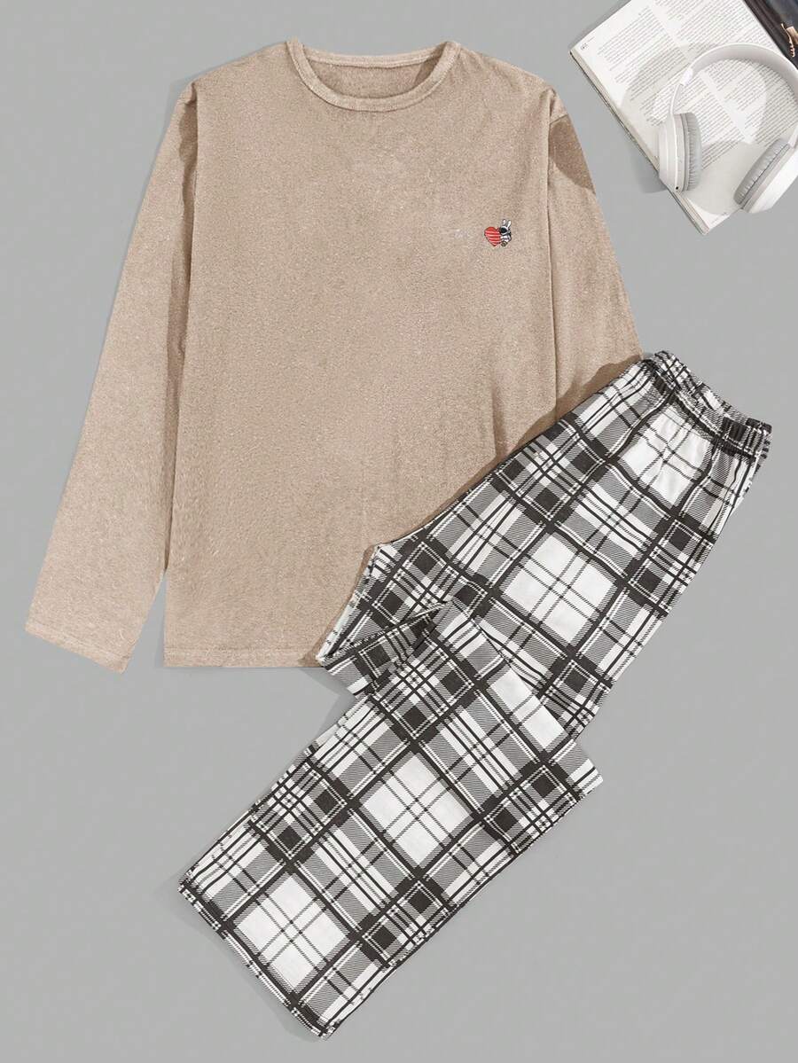RueChic Men's Comfortable Casual Printed Long Sleeve T-Shirt And Plaid Pajama Pants Set - Beige - View 1
