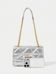 女士时尚百搭纯色经典单肩包，情人节礼物，优雅女士包包，女士高贵奢华包款 - 銀色 - 查看 3