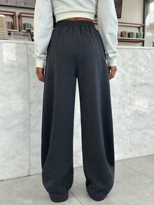 EURMUSE Wide Leg Elastic Waist Track Pants, Seam Design, Fall Clothes - Dark Grey - View 2
