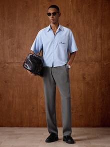 AKNOTIC Men's Striped Letter Print Pocket Casual Commuter Short Sleeve Shirt - Blue and White - View 8