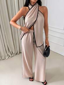 EURMUSE Women Side Striped Detailed Two Pieces Outfits Tops And Pant Sets - Beige - View 5